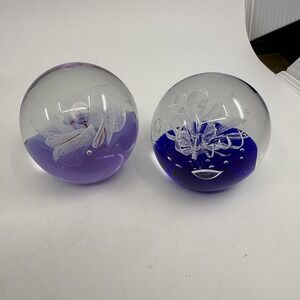 2 Art Glass Paperweights Round‎ Purple Blue 2" Artsy Flaws In Glass